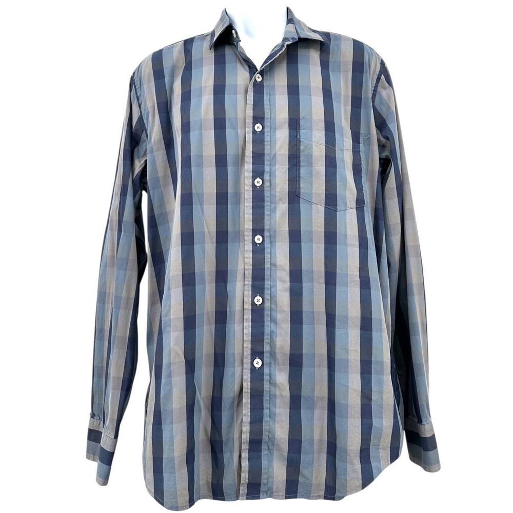 COLE HAAN Dress Shirt Plaid Stretch Gray & Blue Cotton Button Front Men's Large